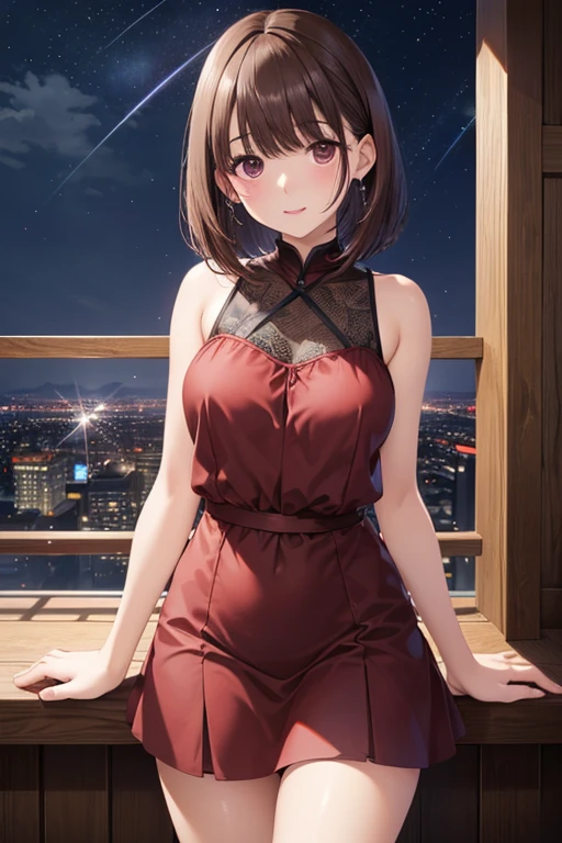 anegasaki nene、 Shiny Maroon Hair ,  shorthair , ( brown pretty eyes 、 with sparkling eyes, Fine grain)、smile、 super detailed eyes、 very detailed face ,  highly detailed eyes ,(masterpiece:1.3), cowboy shot, (Only one woman, Alone)、nsfw、



 one girl、 plump lips 、 tight camisole mini dress 、 Beautiful skin、 small breasts、Small bust、Night Time、 against a wonderful night scene、You can see the night view in the distance 、 RAW photos 、 top quality、ultra  high resolution、 high resolution、 Masterpiece:1.3、８ｋ、professional photographer、