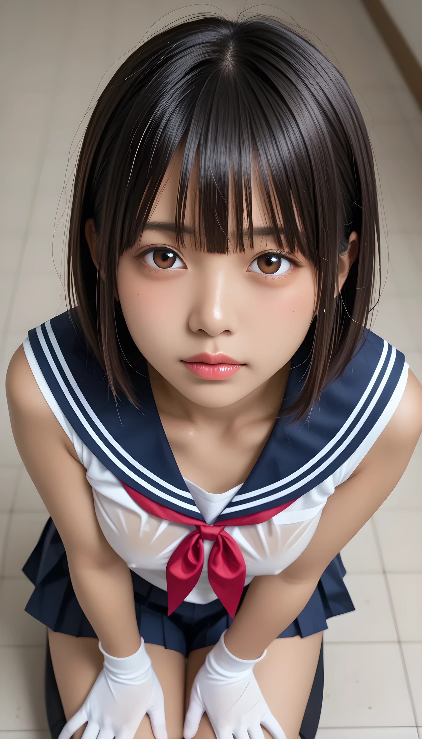  wet、masterpiece 、  top quality  、 Super high resolution、 realistic、 beautiful lighting arranged in an orderly manner、  RAW photos 、4K Ultra HD、  super detailed face、Clear Face、Detailed eye、 beautiful eyes、( Half Open Eyes )、1080P、 tan dark skin 、 black hair,   wet hair、 short bob cut , bangs、 Ponytail、 horny 、 young gravure idol who lost weight、、 white headband 、 white gloves、(((( taut chest、Separated Breasts 、 tight breasts)))、((( viewersに近づけるようにお口を持っていきます)))、((( wet hair ))),((( blue sky)))、(((wet Japanese elementary school girl 、  navy sailor color 、 see-through shirt、 wet pleated skirt 、 black knee socks、Wear black shorts)))、 Japanese Elementary School Girls Wearing School Uniforms、((Inside a small pool 、 viewersを見つめながら顔を近づけキスをする)) break ( messy bun  ) break ((( EXTREME FACE UP SHOT ,  viewers, the above ))), ((  viewersに腕を伸ばす、Kneel))、( perfect anatomy)、 break ((Upper eyelid))、((( midi skirt)))、 thin beautiful thighs 、 beautifully manicured hair 、 oily skin 、Five fingers