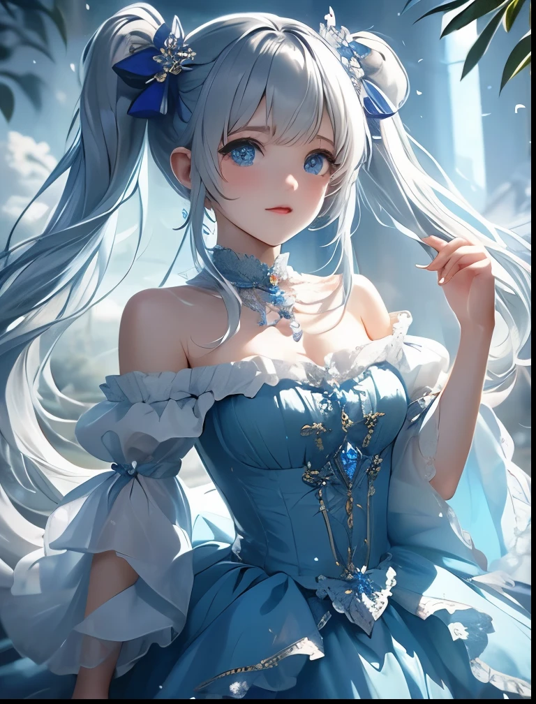 （（（ＳＦＷ、Precision、Highest quality、A first-class masterpiece、Normal body、8k、  Detailed Face 、Ultra-precision、 Normal hand、５refer to、Highest）））、" Spirit Fantasy"、Celia Claire、Celia Claire、 Silver Hair、 twin tails、 short、Big Breasts、