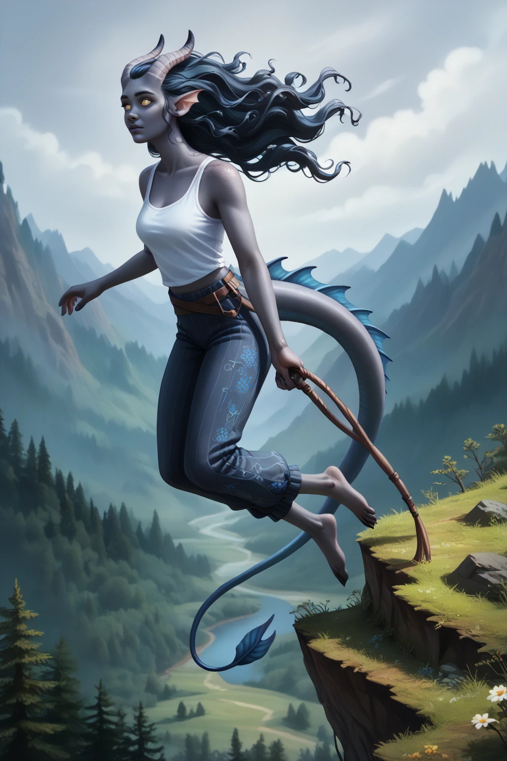 ( A cedar tree is growing next to the forest on a cliff ), (1Тiefling ,  dark blue-gray skin :1.5), ( very thick long tiefling dragon tail :1.5), ( long black flowing hair with dark blue tips:1.4), ( the bright blue-black pigmentation on the face :1.5), (blue-black freckles :1.2) , ( 2little fins on their heads :1.4), ( blue-black pigmentation on the skin :1.5), ( dark grey straight short horns ), ( blue and black pigmentation on the tail :1.5), ( Adult girl:1.2) , (kind face), (medieval pants with fur on the ankles:1.4),  [curiosity ], (35 years old:1.5), (Deep look:1.3), ( jumping from a high cliff  :1.5), (chainmail, white canvas tank top:1.1), (you can see pigmentation on his shoulder ), (tail protection), ( seen in its entirety :1.3), ( top quality ), ( masterpiece fails), ( highest detail),  fantasy background, blue tones, Dark tones, dark shades,  muted colors, ( against the background of a dark, scary thorny forest).