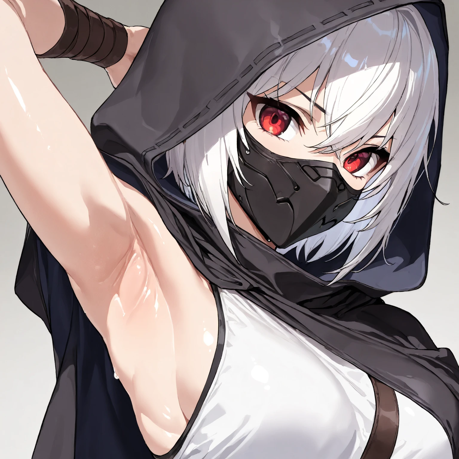 (Best Masterpiece, HDR, 2k, High Quality) 1girl, white hair, short hair, red eyes, killer exspression, assassin girl, assassin, hooded cloak clothes, wearing a mask (armpits, showing armpits, armoits detailed, Perfect armpits, focus armpits, shiny armpits) 