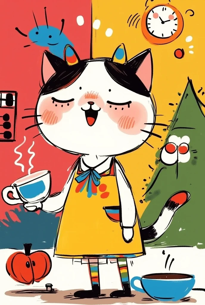 Children's graffiti style。A cute cartoon cat。With an apron，Holding coffee in hand。Black lines outline。