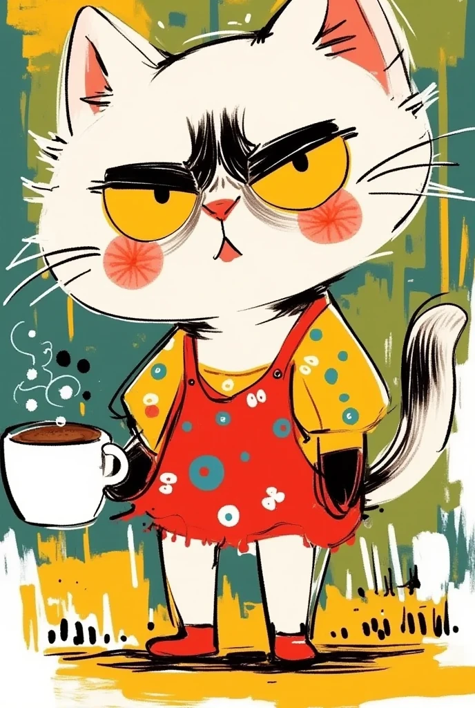 Children's graffiti style。A cute cartoon cat。With an apron，Holding coffee in hand。Black lines outline。