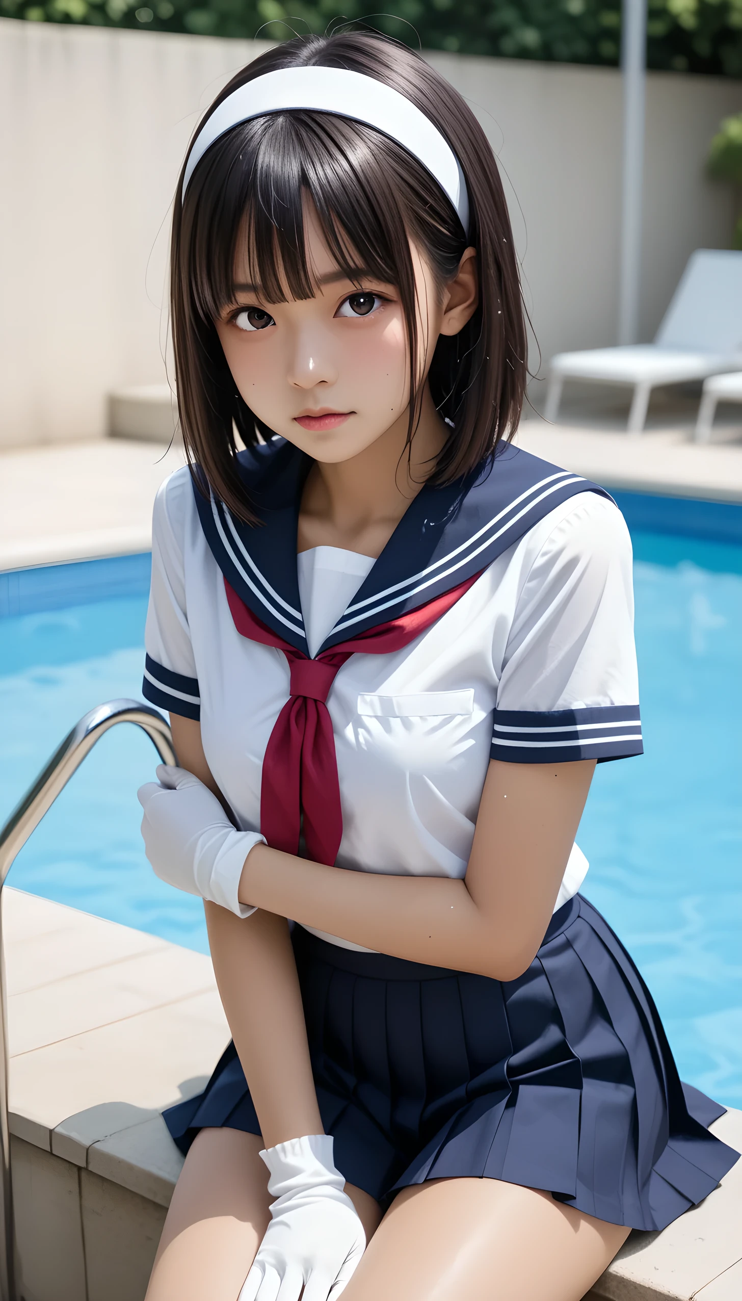  wet、masterpiece 、  top quality  、 Super high resolution、 realistic、 beautiful lighting arranged in an orderly manner、  RAW photos 、4K Ultra HD、  super detailed face、Clear Face、Detailed eye、 beautiful eyes、( Half Open Eyes )、1080P、 tan dark skin 、 black hair,   wet hair、 short bob cut , bangs、 Ponytail、 horny 、 young gravure idol who lost weight、、 white headband 、 white gloves、(((( taut chest、Separated Breasts 、 tight breasts)))、((( viewersに近づけるようにお口を持っていきます)))、((( wet hair ))),((( blue sky)))、(((wet Japanese elementary school girl 、  navy sailor color 、 with both shoulders out 、 wet pleated skirt 、 black knee socks、Wear black shorts)))、 Japanese Elementary School Girls Wearing School Uniforms、((Inside a small pool 、 viewersを見つめながら顔を近づけキスをする)) break ( messy bun  ) break ((( EXTREME FACE UP SHOT ,  viewers, the above ))), ((  viewersに腕を伸ばす、Kneel))、( perfect anatomy)、 break ((Upper eyelid))、((( midi skirt)))、 thin beautiful thighs 、 beautifully manicured hair 、 oily skin 、Five fingers