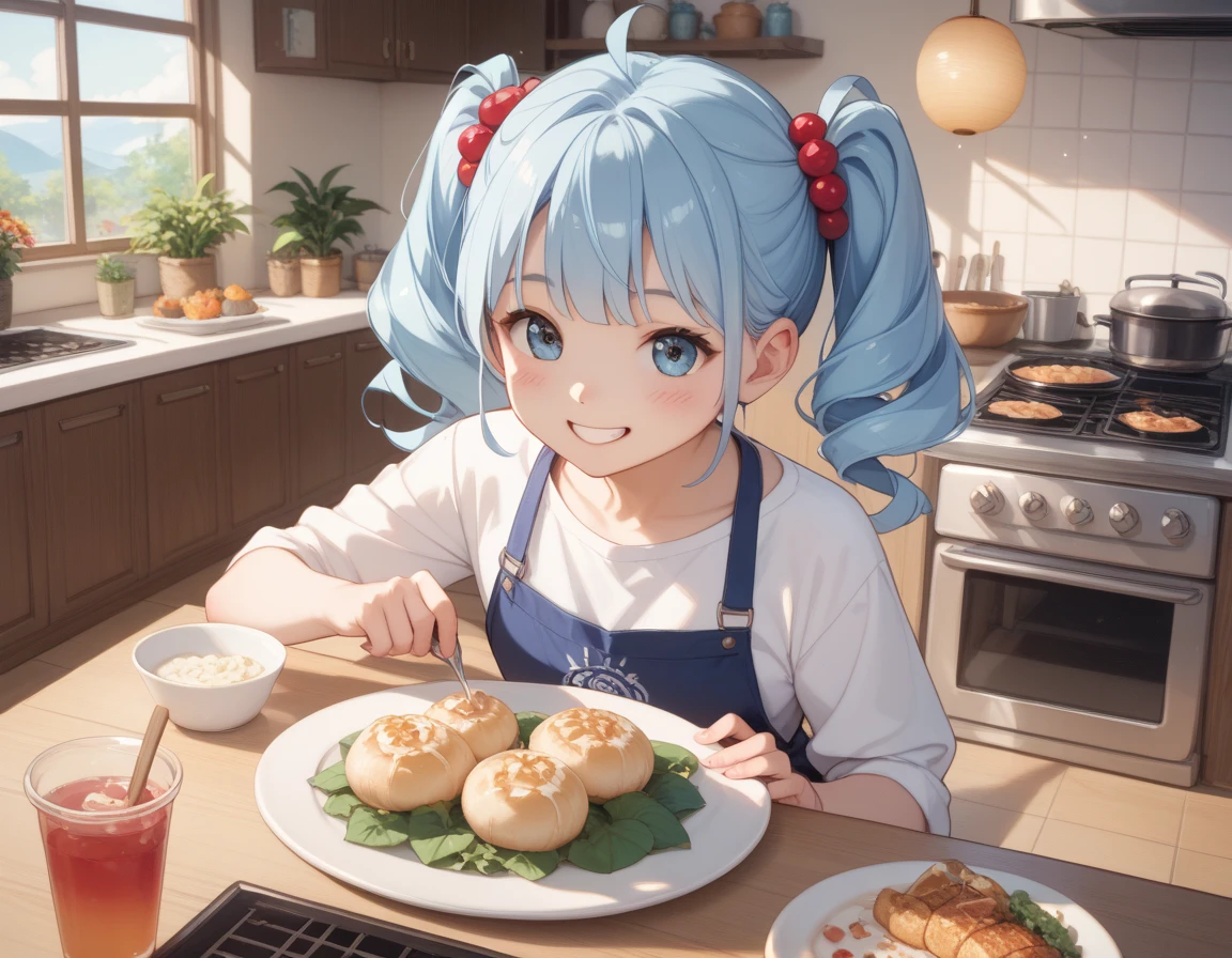 long light blue hair  、  cute little characters with twin tails、smile、 casual clothes、A bright banquet hall、Japanese-style room、 I'm laughing around cooking with lots of friends、 Delicious Meals  、Cheers with juice 