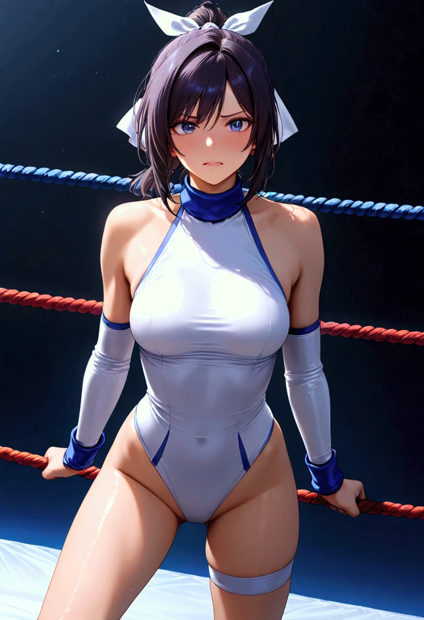 ((((masterpiece)))), ((  unity 8k wallpaper ,  Photorealistic  , ((  detailed face  )),  Female Pro Wrestler with Floating Legs,Umezaki Haruka  ,Frightened face,, Ponytail,ribbon, pure white leotard ,Elbow guard,  leg protector  ,  pro wrestling 3 ropes are strung on all sides, standing across the top of 3 ropes strung, Floating Legs ,The rope eats into her crotch and she is in agony , The rope stretched deep into her vagina,Disgusting secretions sticking to ropes 