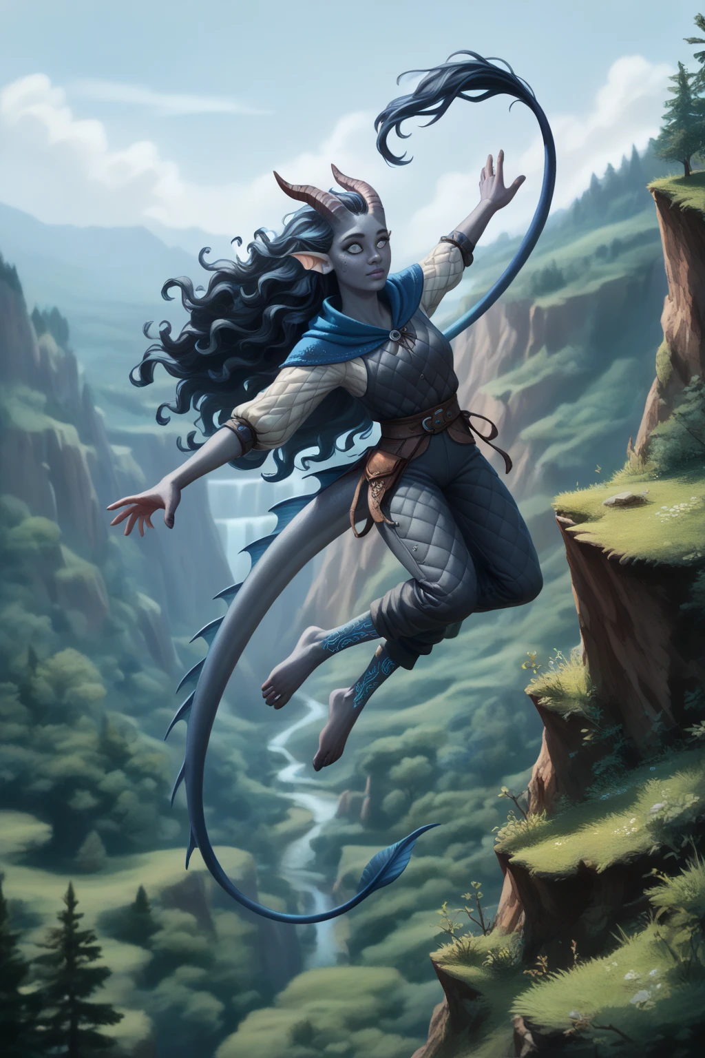 ( A cedar tree is growing next to the forest on a cliff ), (1Тiefling ,  dark blue-gray skin :1.5), ( very thick long tiefling dragon tail :1.5), ( long black flowing hair with dark blue tips:1.4), (bright blue-grey pupils,  Black eyes :1.4), ( the bright blue-black pigmentation on the face :1.5), (blue-black freckles :1.2) , ( 2little fins on their heads :1.4), ( blue-black pigmentation on the skin :1.5), ( dark grey straight short horns ), ( blue and black pigmentation on the tail :1.5), ( Adult girl:1.2) , (kind face), (medieval pants with fur on the ankles:1.4),  [curiosity ], (35 years old:1.5), (Deep look:1.3), ( jumping from a high cliff  :1.5), (chainmail, fabric armor and a white canvas shirt on the body and a short cloak:1.1), (you can see pigmentation on his shoulder ), (tail protection), (cloth-wrapped legs :1.3), ( seen in its entirety :1.3), ( top quality ), ( masterpiece fails), ( highest detail),  fantasy background, blue tones, Dark tones, dark shades,  muted colors, ( against the background of a dark, scary thorny forest).