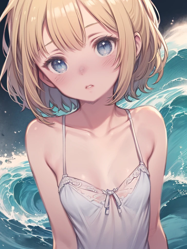 Girl with a depressed face Sideboob Exposure A cute girl in a swimsuit(original bikini swimsuit)(Small body) (Little Girl:1.5), (blonde:1.5)(eyelash:1.2)(eye shadow:1.3) (Blue eyes:1.5), (Beautiful fine details:1.4) (Short Bob Hair:1.4), (Blue eyes)(Big Breasts:1.3) (White skin:1.2)Height: 130cm, original character, Fantasy, View Viewer Art: (A girl with beautiful deep eyes. The depth of field in the photo is perfect、Lens flares create a nice atmosphere. The details of her face really stand out, This photo definitely gets a 10 or more.. background, There is a beautiful sea with crystal clear water and water droplets floating on the surface. Laughing happily