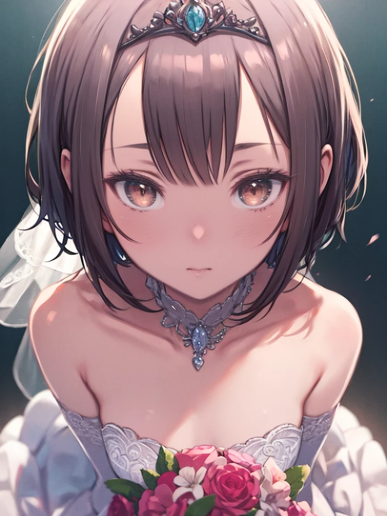 Mass Piece, Top image quality, High resolution, Ultra-high resolution, depth of fields, Short hair, Brown hair, Pink eyes, (Hairpin), wedding dress, flower, chies