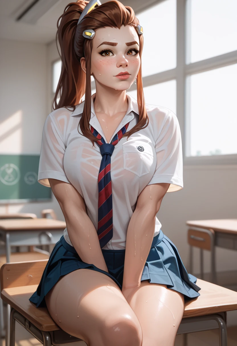 PERFECT MASTERPIECE, EXTREMELY DETAILED CG UNITY 8K UHD QUALITY RESOLUTION WALLPAPER, PHOTOREALISTIC, OFFICIAL ART, PROFESSIONAL CINEMATIC LIGHTING, AWARD-WINNING PORTRAIT, PROFESSIONAL FILM QUALITY, the most beautiful and sexy schoolgirl, long red colored hair in pigtails, vibrant moonlight eyes, long detailed eyelashes, blushing, super huge enormously gigantic nude tits and nude nipples exposed, gigantic nude tits bursting out of her unbuttoned shirt, nude hairy pussy exposed, tons of tattoos and piercings, wearing detailed school girl uniform and school girl skirt, squatting and spreading her legs open arching her back, looking at the viewer, close up pov camera view from below, sexy seductive slutty dynamic pose, sexy seductive slutty facial expression, in an empty classroom