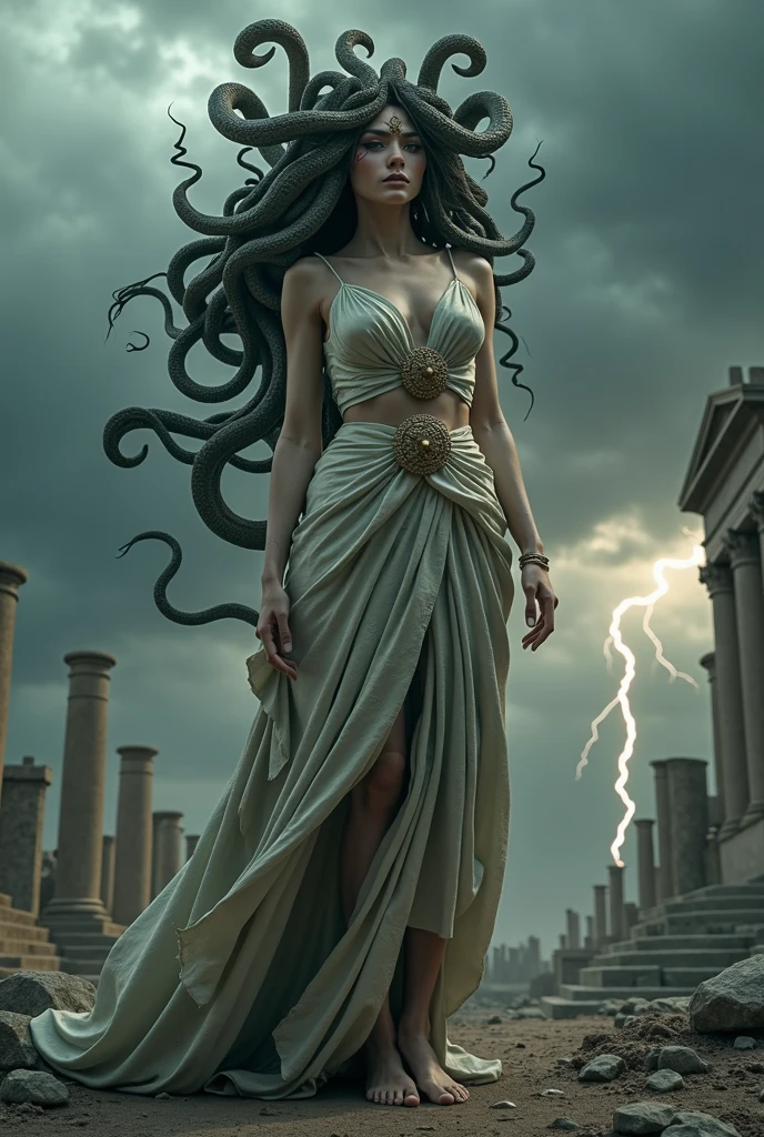 medusa, like a normal woman of stunning beauty, dressed as a priestess in the temple of Athena