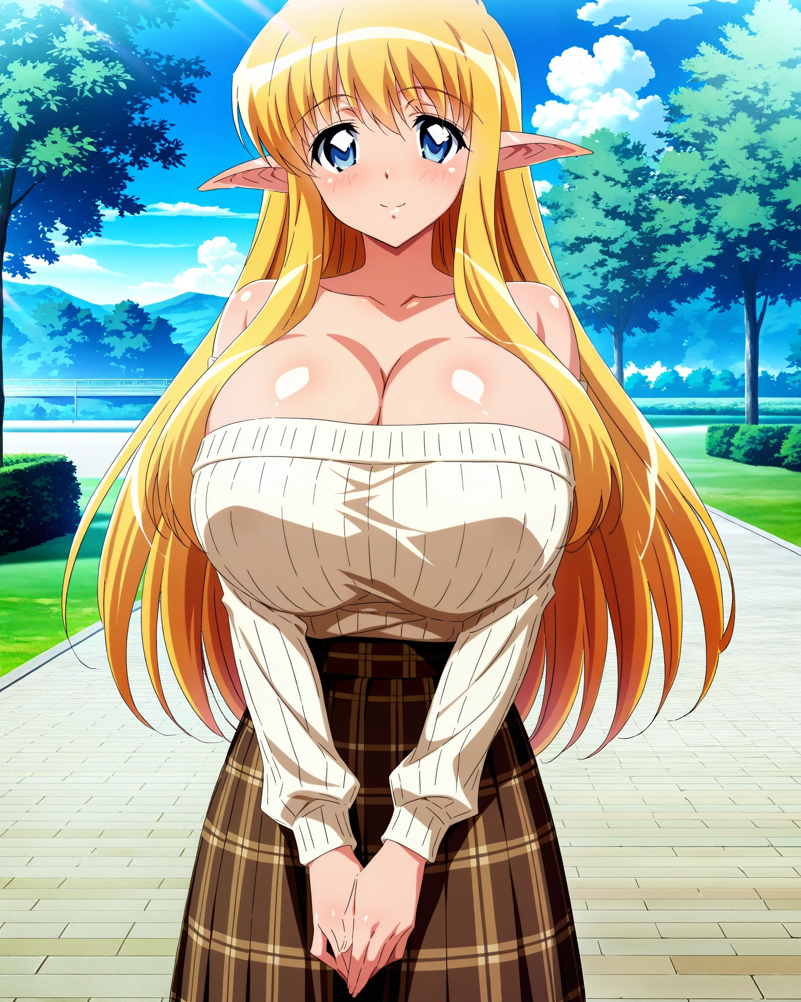 score_9, score_8_up, score_7_up, source_anime, anime coloring, anime screencap, 1 girl, alone, Tiffania Westwood (zero no tsukaima), elf, blonde hair, blue eyes, sweet smile, white beautiful skin, standing, looking at viewer, slim body, cowboy shot, gigantic breasts, cleavage, long sleeves, off-shoulder ribbed shirt, beige shirt, pleated brown plaid skirt, long skirt, outdoors, sunny day, beautiful sky, at the park