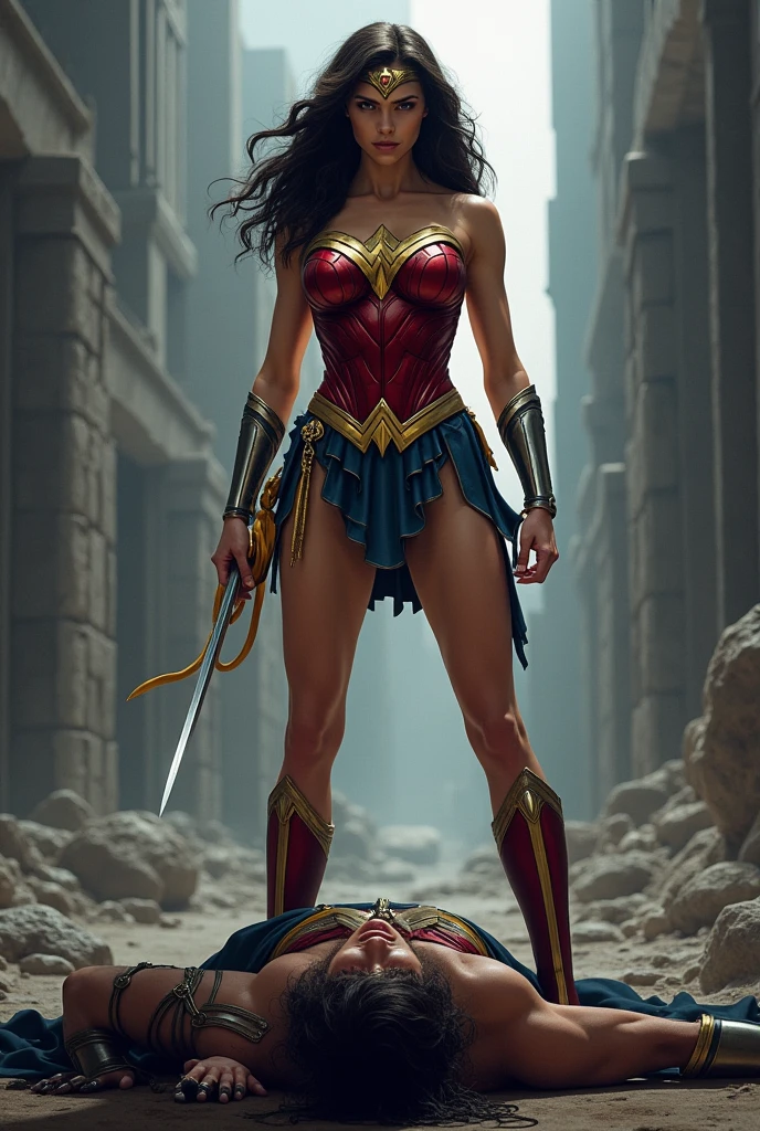 Wonder Woman, defeated, (hunched over, on all fours:1.4), on the road, prostrate Wonder Woman, behind her are 3 men, standing looking at the viewer, realistic street scenery with (blurred background, depth of field), cartoon style, precise perspective, (depth of field:1.3), texture, defined, atmospheric, ((highest quality)), (8k, very detailed, full-length frame, high-detail RAW color art, masterpiece: 1.2), (realistic and realistic photos: 1.37), Global Lighting, Reality Lighting, Photon Mapping, Physics-Based Rendering, Wonder Woman, Open Mouth, Squint, Heavy Breathing, Eyes to the Right, (Intricate Details, Makeup), (Delicate and Beautiful Delicate Face, Delicate and Beautiful Delicate Eyes, Face with Perfect Proportions), (Realistically Moist Skin: 1.2), (Soaked Body: 1.2), (Wet Skin), Wet Hair, Delicate Skin, Strong and Realistic Blue Eyes, Realistic Black Hair, Lips, Makeup, natural skin texture, tiara, jewelry, star \(symbol\), leotard, bulletproof gauntlets, red boots, golden girdle, (public clothing: 1.5), bare shoulders, slightly sunburned complexion, mature, sexy, toned muscles, (muscles:1.2), ((strong and healthy body)), ((((more) muscles))), long legs, curves, (big breasts: 1.3), thin waist, soft waist, (delicate skin), (beautiful and sexy woman), (swollen lips: 0.9), (eyelashes: 1.2), very delicate muscle definition,