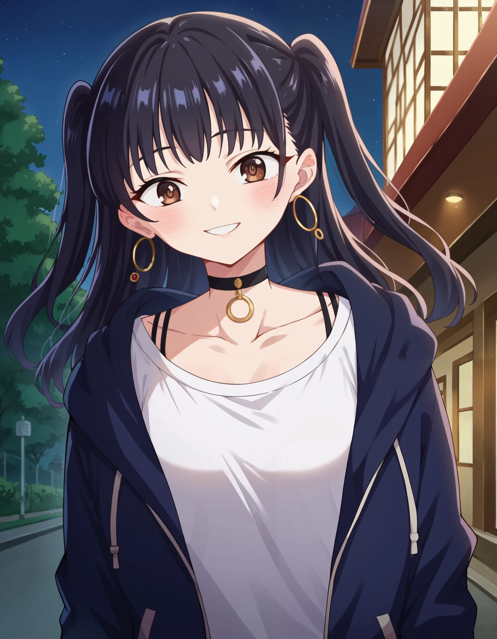 score_9, score_8_up, score_7_up, source_anime, annayamada, anna yamada, 1girl, anna yamada, long hair, bangs, outside, on the street, houses nearby, night time, Anna twintail with choker outfit, two side up, jewelry, hoop earrings, choker, black hair, solo, shirt, brown eyes, looking at viewer, black choker, jacket, open clothes, blush, long hair, outdoors, night, collarbone, sky, open jacket, white shirt, hood, drawstring, twintails, black jacket, cowboy shot, smile, looking at the viewer, N0R3AL_PDXL