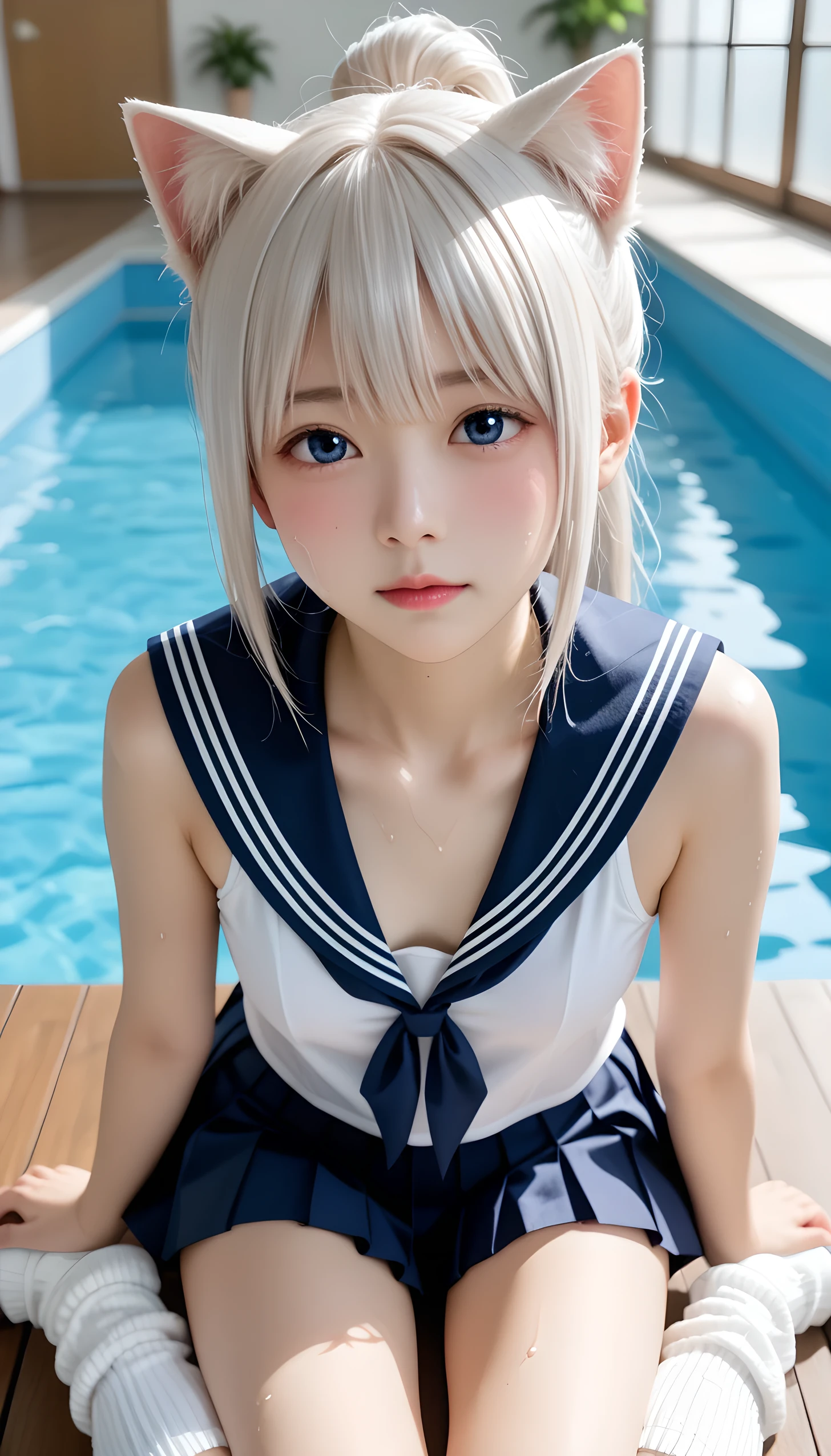  wet、masterpiece 、  top quality  、 Super high resolution、 realistic、 beautiful lighting arranged in an orderly manner、  RAW photos 、4K Ultra HD、  super detailed face、Clear Face、1080P、Detailed eye、 beautiful eyes、(Shy face)、 with blue eyes 、Silver-white hair、 Ponytail、 horny 、 young gravure idol who lost weight、cat ears、 white gloves、(((Firm small breasts、Separated Breasts 、 tight breasts)))、((( viewersに近づけるようにお口を持っていきます)))、(((wet Japanese elementary school girl 、  navy sailor color 、 with both shoulders out 、 wet pleated skirt 、 Loose Socks 、Wear black shorts)))、Japanese female elementary school students wearing school swimsuits 、((Indoor Pool、Inside a shallow pool tank))、(( viewersを見つめながら顔を近づけキスをする)) break ( messy bun  ) break ((( EXTREME FACE UP SHOT ,  viewers, the above ))), ((  viewersに腕を伸ばす、Kneel))、( perfect anatomy)、 break ((Upper eyelid))、((( midi skirt)))、 thin beautiful thighs 、 beautifully manicured hair 、 oily skin 、Five fingers