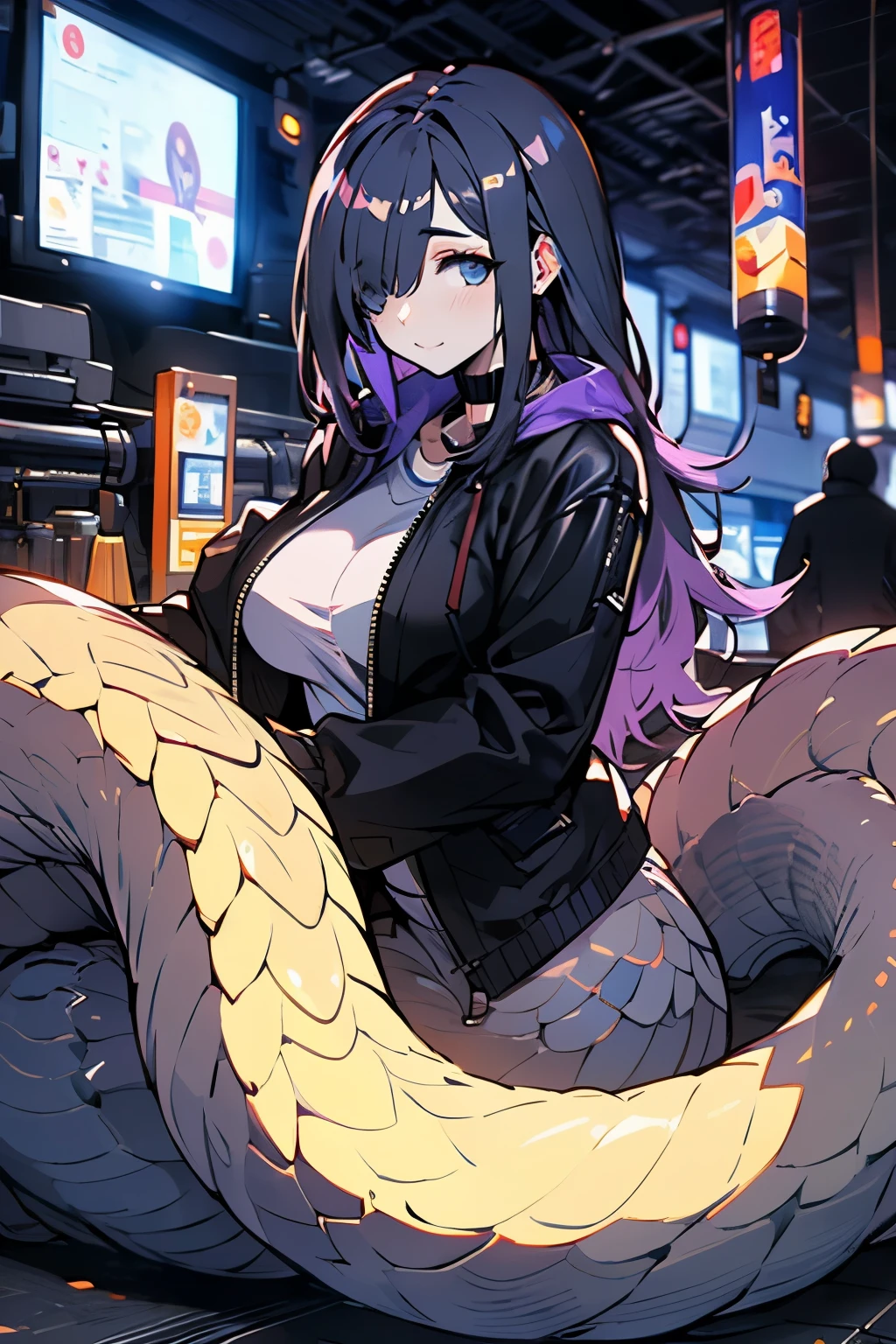 (Masterpiece: 1.5), (Best Quality: 1.5), Superb Painting, Perfect Eyes,Wiz, Detailed Eyes, 1 Woman, Mature Woman, cinematic light, wavy purple, lamia, lamia hybrid, lamia tail, thick body, wavy dark purple hair, white skin, high resolution, scales, slightly chubby body, neon, baggy clothes, cyberpunk jacket, baggy jacket