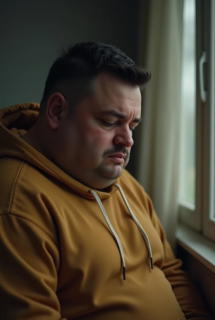 Make a guy in his 20s or so fat wearing glasses, a split hair, with a very thin beard and a very serious face looking towards the screen with his equally chubby mother washing dishes with her back to him