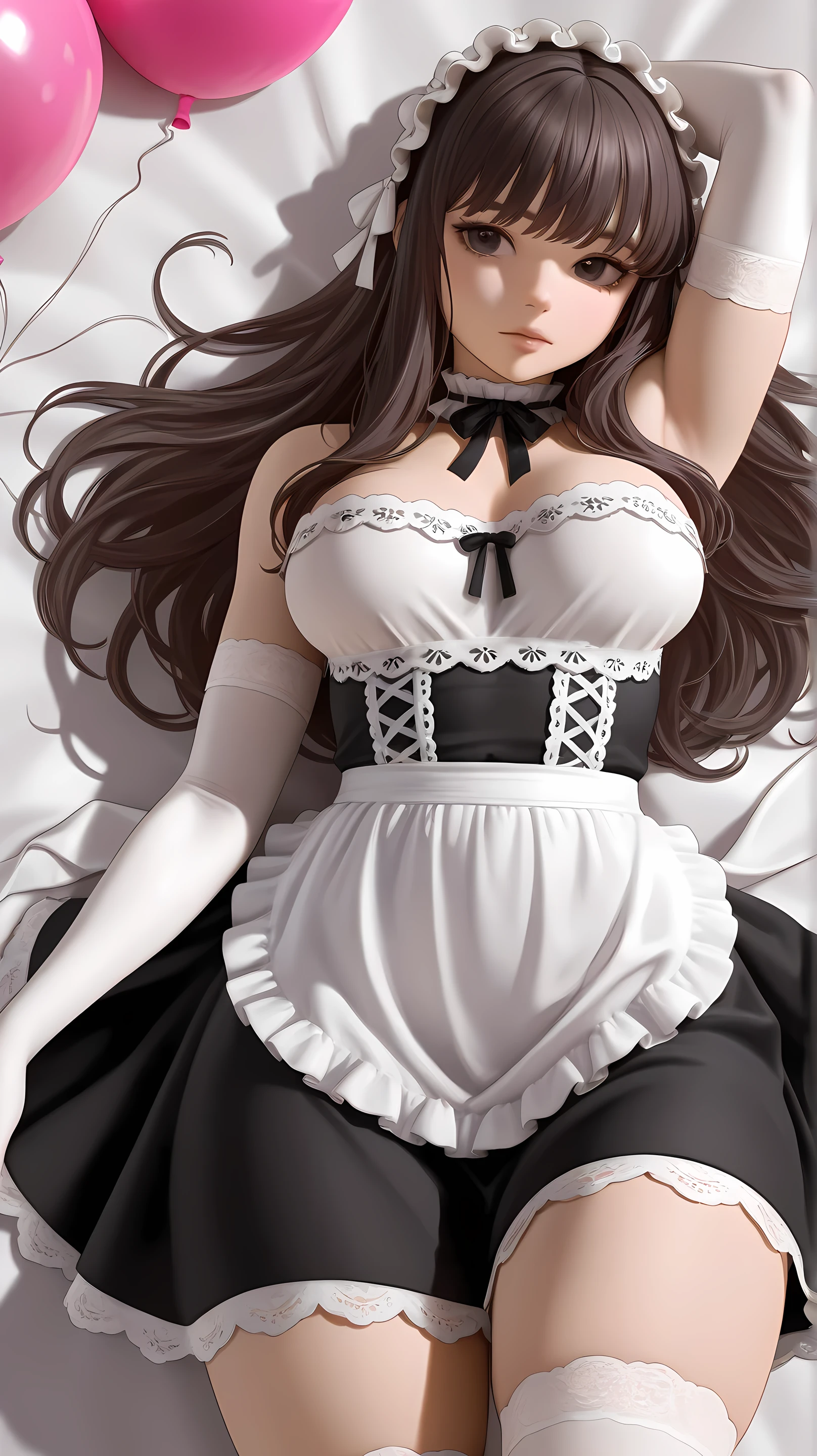 masterpiece, 4k, high quality, highly detailed, detailed face, HDR, vivid colors, dark lighting, dim lighting, amazing background, in school, sunlight, 1girl, medium breasts, dark skin, maid, thighhighs, :<