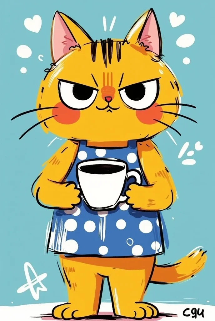 Children's graffiti style。A cute cartoon cat。With an apron，Holding coffee in hand。Black lines outline。Sloppy。