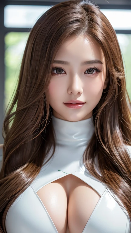 masterpiece, best quality, ultra-detailed, intricately detailed hyperdetailed, realistic, sharp features, highly detailed, sharp focus, (18 years old:1.3), perfect face, perfect symmetrically eyes, perfect full lips, hyper detailed, hyper realistic, high resolution, Fashion Model, Slender, Japanese Idol, Serious expression, brown hair, Stylish, Fashion magazine shooting, Realistic, Photorealistic:1.3, Beautiful Face, light brown hair, messy hair, Beautiful hairstyle, Neat clothes, (grin), (vivid color tight fitting tops:1.2),