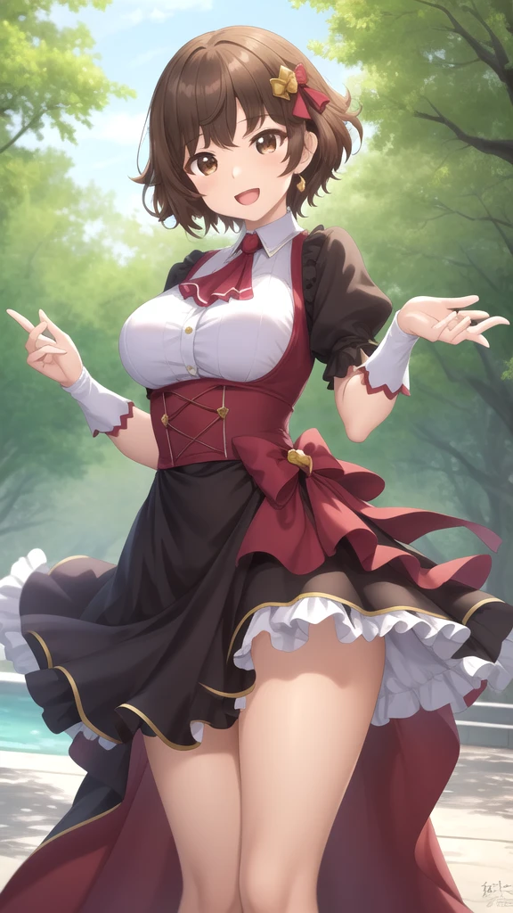 masterpiece, best quality, high quality, girl, solo, looking at viewer, kogure_kawanami, brown hair, brown eyes, large breasts, princess connect re dive cosplay, princess Dress, standing, smile, open mouth, outdoors 