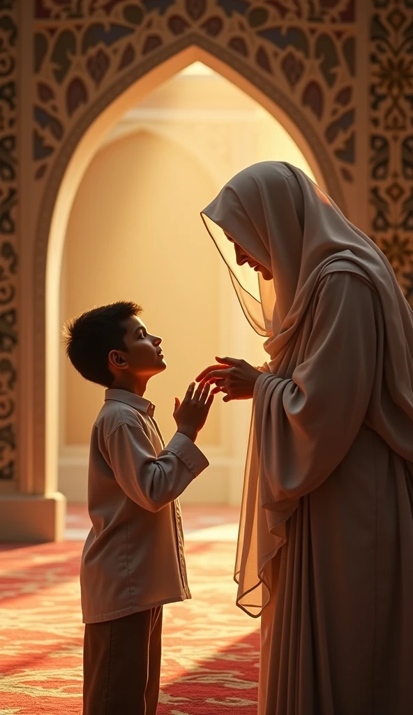 A mother wearing a hijab holding her little son's hand is standing by the river with red blue light on both sides Front view