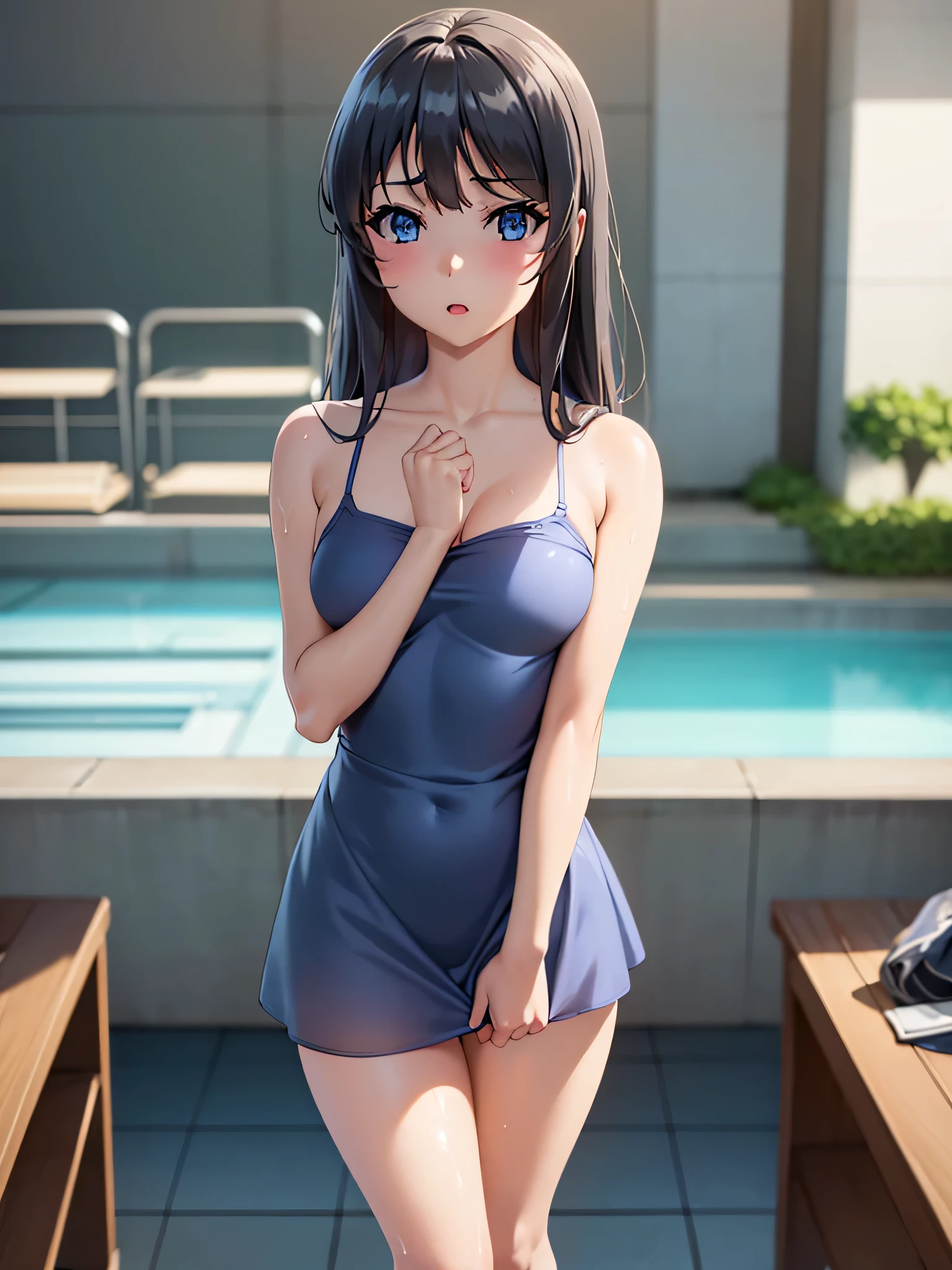 A 27-year-old female office worker enjoys her holiday at the indoor pool.、dark brownの髪色でロングボブヘアーです、A blue cloth covers the area from 4cm below the right collarbone to the bottom of the left nipple, a dark blue cloth covers from 4cm below the left collarbone to the bottom of the right nipple, and a white cloth covers the lower half of the cleavage. swimsuit tops、Navy blue swimsuit panties with ribbons on the sides、A white, transparent cloth is wrapped around the waist to form a skirt so that the panty line is visible.、The ceiling and walls are made of glass、You can see the night sky outside the glass、It&#39;s late night now