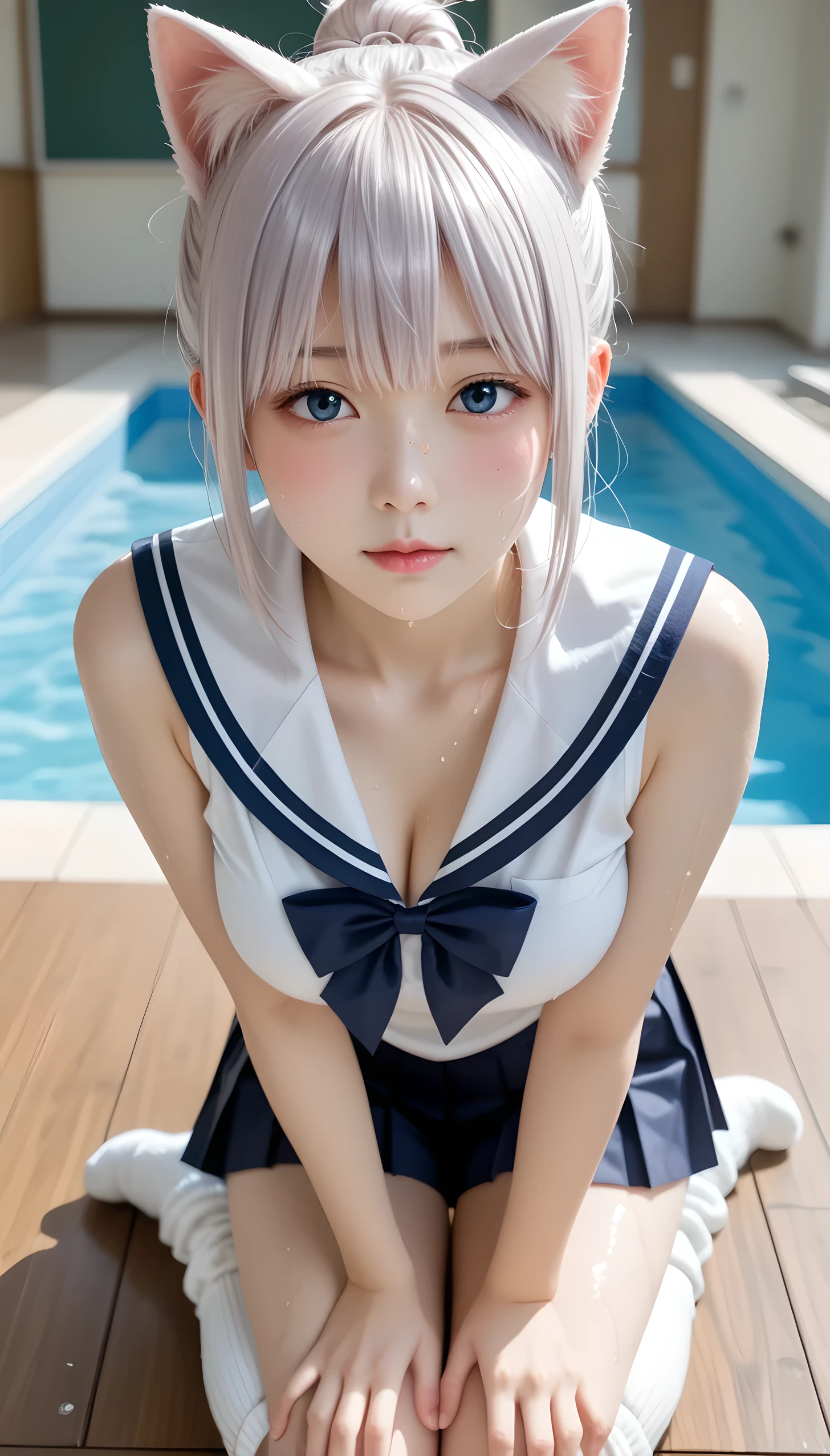  wet、masterpiece 、  top quality  、 Super high resolution、 realistic、 beautiful lighting arranged in an orderly manner、  RAW photos 、4K Ultra HD、  super detailed face、Clear Face、1080P、Detailed eye、 beautiful eyes、(Shy face)、 with blue eyes 、Silver-white hair、 Ponytail、 horny 、 young gravure idol who lost weight、cat ears、 white gloves、(((Tight, developing breasts、Separated Breasts 、 tight breasts)))、((( viewersに近づけるようにお口を持っていきます)))、(((wet Japanese elementary school girl 、  navy sailor color 、 with both shoulders out 、 wet pleated skirt 、 Loose Socks 、Wear black shorts)))、Japanese female elementary school students wearing school swimsuits 、((Indoor Pool、Inside a shallow pool tank))、(( viewersを見つめながら顔を近づけキスをする)) break ( messy bun  ) break ((( EXTREME FACE UP SHOT ,  viewers, the above ))), ((  viewersに腕を伸ばす、Kneel))、( perfect anatomy)、 break ((Upper eyelid))、((( midi skirt)))、 thin beautiful thighs 、 beautifully manicured hair 、 oily skin 、Five fingers