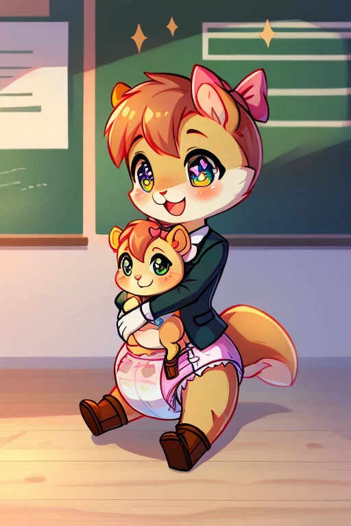 boy, squirrel, furry, bodyfur, tail, collar, bra, bottomless, gloves, boots, chibi, sparkling eyes, idol, hair bow, happy, full body, diapers, bed, bulge, lying, reading comic