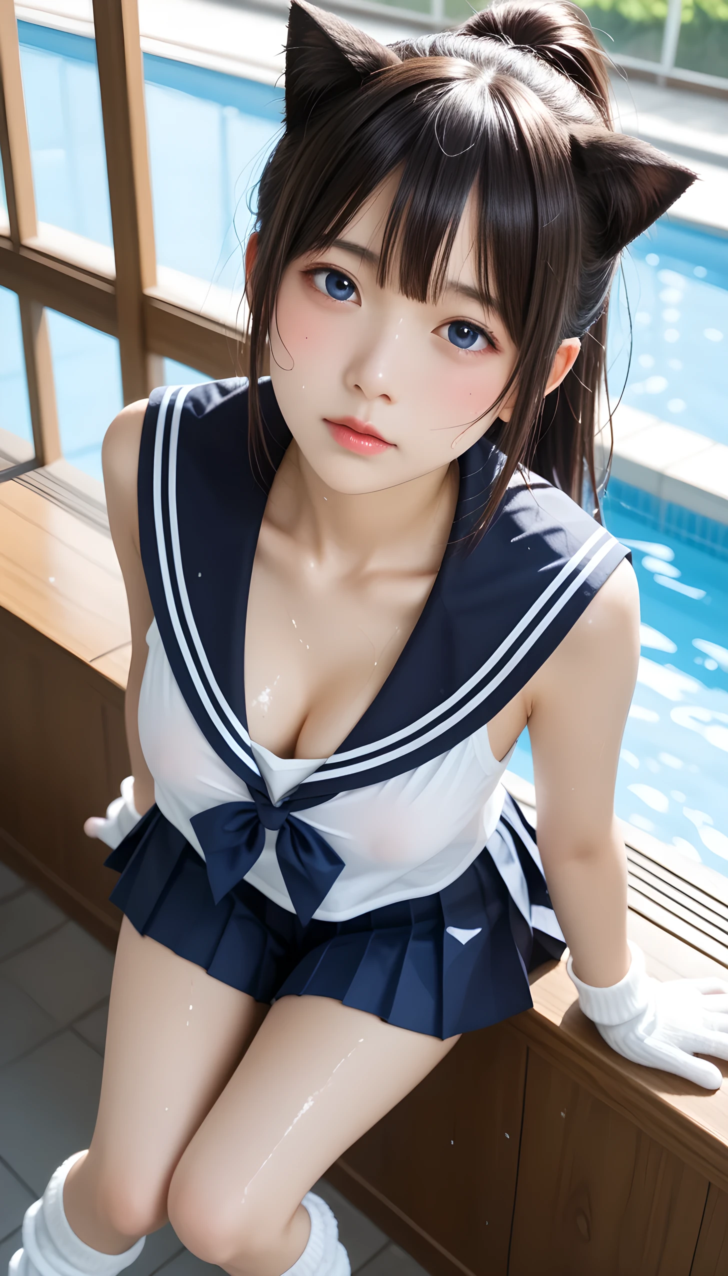  wet、masterpiece 、  top quality  、 Super high resolution、 realistic、 beautiful lighting arranged in an orderly manner、  RAW photos 、4K Ultra HD、  super detailed face、Clear Face、1080P、Detailed eye、 beautiful eyes、(Shy face)、 with blue eyes 、Silver-white hair、 Ponytail、 horny 、 young gravure idol who lost weight、cat ears、 white gloves、(((Tight, developing breasts、Separated Breasts 、 tight breasts)))、((( viewersに近づけるようにお口を持っていきます)))、(((wet Japanese  girl 、  navy sailor color 、 with both shoulders out 、 wet pleated skirt 、 Loose Socks 、Wear black shorts)))、Japanese female elementary school school swimsuits 、((Indoor Pool、Inside a shallow pool tank))、(( viewersを見つめながら顔を近づけキスをする)) break ( messy bun  ) break ((( EXTREME FACE UP SHOT ,  viewers, the above ))), ((  viewersに腕を伸ばす、Kneel))、( perfect anatomy)、 break ((Upper eyelid))、((( midi skirt)))、 thin beautiful thighs 、 beautifully manicured hair 、 oily skin 、Five fingers