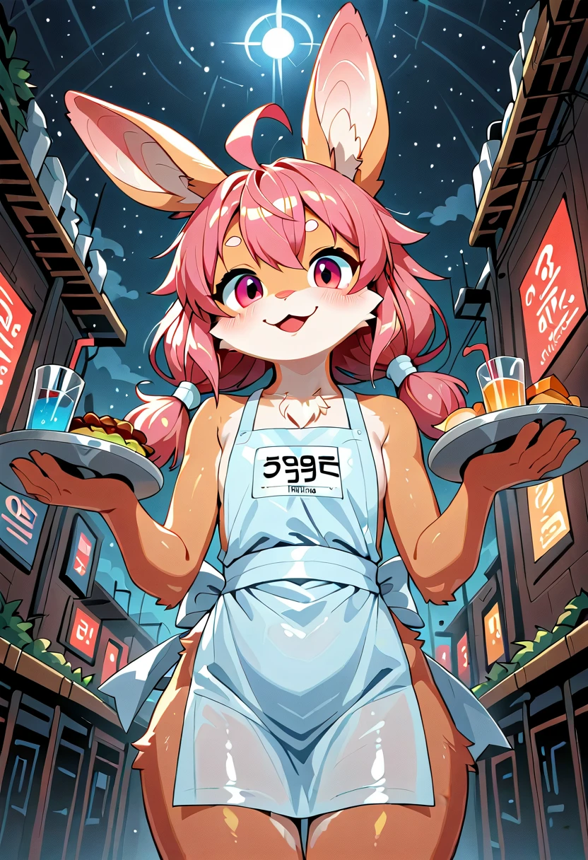 1girl,\((anthropomorphic rabbit, furry, kemono:1.3),(fur body),animal, Virtual waitress, hologram waitress, white ribbon, apron, Attractive smile,cute smile, greeting viewer, holding tray, cheerful, cyborg style, cyborg, android,cute pose,dynamic pose,(dynamic action:1.4)\), background\(cute fastfood restaurant\(futuristic design, girly concept design, neon lights, digital menu, pink, blue, white, glass reflection, metal reflection, advanced technology\).(dynamic angle:1.3),dutch angle,. BREAK .quality\(8k,wallpaper of extremely detailed CG unit, high resolution, top-quality, top-quality real texture skin, hyper realistic, increase the resolution, RAW photos, best quality, highly detailed, the wallpaper, golden ratio, high saturation realism, vibrant colors, dramatic lighting, persuasive storytelling, atmospheric scenery, captivating visuals, intricate details, strong emotions, dreamlike world\)