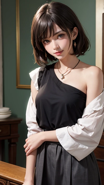 ((full body)), ((from above)), ((realistic)), 1girll, interior scenes, (Sit Pose), Pleasing posture, Eye-catching poses, pretty legs, looking at viewert, Detailed scenes, curlies, Air bangs, Beautiful hair accessories, Brownish-yellow hair, light make-up, Blushlush, Gloss on lips, ((White color blouse, DEEP-V COLLAR, Short black high-waisted skirt, Nice belt)), (Campus style), warm lights, a warm color palette, Detailed details, ultra-detailliert, (tmasterpiece, best qualtiy), (An extremely delicate and beautiful work), Delicate earrings, Delicate necklace, Simple blurred background, Extreme detail description, Ultra-fine painting, Delicate face, slim toned body, Slimming the waist, (grin, happy grin, Baring teeth), (anatomy correct)