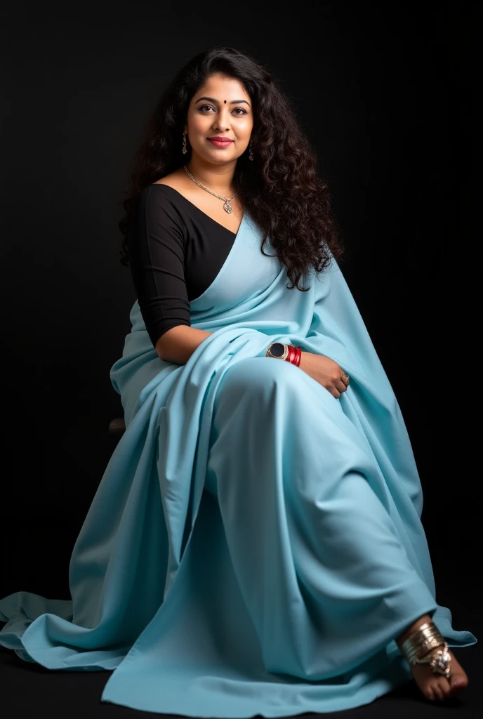 Malayali house wife, wearing light blue satin saree with  black blouse, chubby cheeks,long curly wavy hair until shoulder,dramatic lighting, rebrandt lighting scheme, sitting  pose, photoshoot for ethnic anklets  and  beautiful feet
