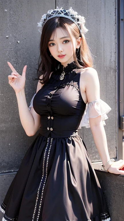 sexy stylish female model, only 1 female, ((doll-like appearance)), long dramatic stylish hair, ((shiny Punk-Style boots)), (smiling face), ultra detailed eyes, long lashes, eyeliner, ultra detailed eye-shadow, lip-gloss, ((sexy Punk Lolita cosplay)), unconventional skirt, petticoats, high neckline, ((ultra detailed lace)), ((ultra detailed embroidery)), intricate details, tartan patterns, Punk Lolita accessoires, Punk Lolita choker, ((large sparkling Punk Lolita jewelry)), cinematic light, detailed large park background with trees