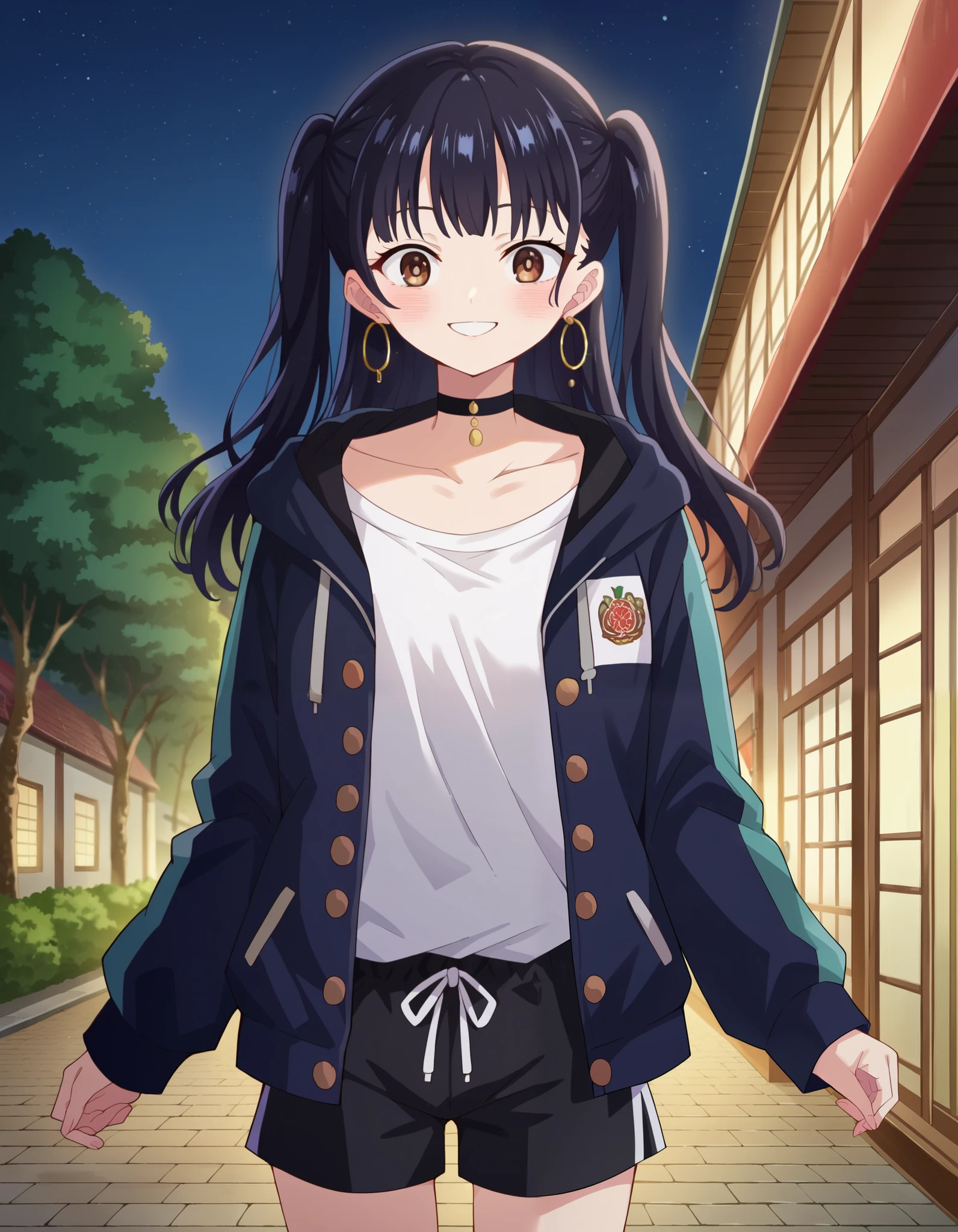 score_9, score_8_up, score_7_up, source_anime, annayamada, anna yamada, 1girl, anna yamada, long hair, bangs, outside, on the street, houses nearby, night time, Anna twintail with choker outfit, two side up, jewelry, hoop earrings, choker, black hair, solo, shirt, brown eyes, looking at viewer, black choker, jacket, open clothes, blush, long hair, outdoors, night, collarbone, sky, open jacket, white shirt, hood, drawstring, twintails, black jacket, cowboy shot, shorts, black sport shorts, smile, looking at the viewer, N0R3AL_PDXL