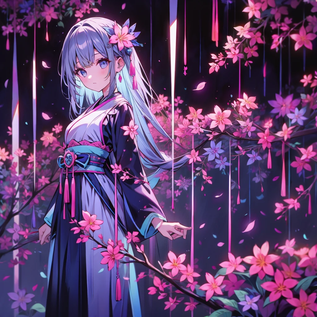 1girl, pretty ****、*********、(((dynamic best composition 、 more details、 high definition 、 top quality、's greatest masterpiece、 best detail )))、   thin and soft painting style wizard apprentice 、   gray hair、  Smooth Long Hair     、  Japanese Furisode、  dress、Plumeria、