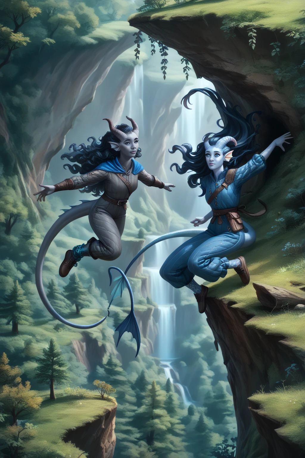 ( A cedar tree is growing next to the forest on a cliff ), ((1Тiefling ,  dark blue-gray skin :1.5), ( very thick long tiefling dragon tail :1.5), ( long black flowing hair with dark blue tips:1.4), ( bright blue-grey pupils,  Black eyes :1.4), ( the bright blue-black pigmentation on the face :1.5), (blue-black freckles :1.2) , ( 2little fins on their heads :1.4), ( blue-black pigmentation on the skin :1.5), ( dark grey straight short horns ), ( blue and black pigmentation on the tail :1.5), ( Adult girl:1.2) , (kind face), (medieval pants with fur on the ankles:1.4),  [curiosity ], (35 years old:1.5), (Deep look:1.3), ( jumping from a high cliff  :1.5), (chainmail, fabric armor and a white canvas shirt on the body and a short cloak:1.1), (you can see pigmentation on his shoulder ), (tail protection), (cloth-wrapped legs or medieval shoes:1.3)), ( top quality ), ( masterpiece fails), ( highest detail),  fantasy background, blue tones, Dark tones, dark shades,  muted colors, ( against the background of a dark, scary thorny forest).