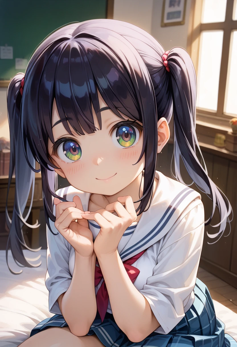 master piece,detailed,(((best quality))),megami magazine,[[[[medium breasts]]]] ,(((loli))),(((cute))),((((petite)))),looking at viewer,black hair,white bra,smile,twintail,school uniform