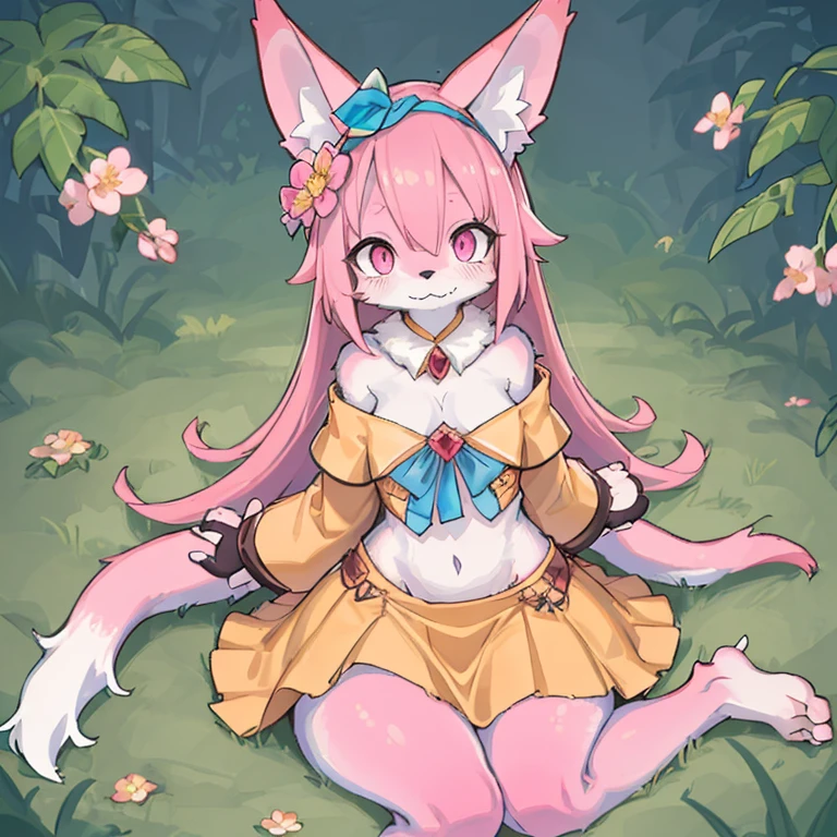 Girl, furry, pink color,  Long hair ,  blue brooch in the hair , ((pink fur)), big ears, Drooping ears,  pink eyes skin,  big eyes, sitting,  looking towards the camera,  full body, shy,  foxtail ,  flowers on the head, yellow skirt, cute blue t-shirt, white belly, slim body, ears lying down, off shoulder blouse.