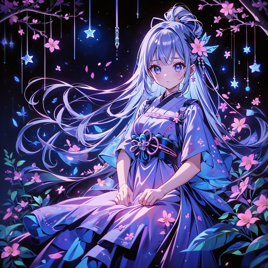 1girl, pretty face、Baby Face、Star Fairy and the Too-Cute User 、(((dynamic best composition 、 more details、 high definition 、 top quality、's greatest masterpiece、 best detail )))、   Thin and Soft Painting Style: Wizard's Apprentice 、   gray hair、  Smooth Long Hair     、  Japanese Furisode、  dress、Plumeria、