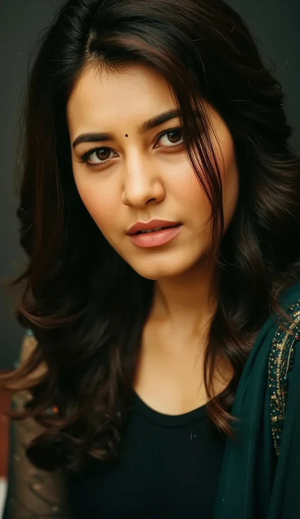  photo of Vintage Raashi, wearing a dark green saree and a black blouse,  sitting pose, sad face,watered eyes, wavy hair, dark or muted back ground, looking at camera, pain in her face can be seen