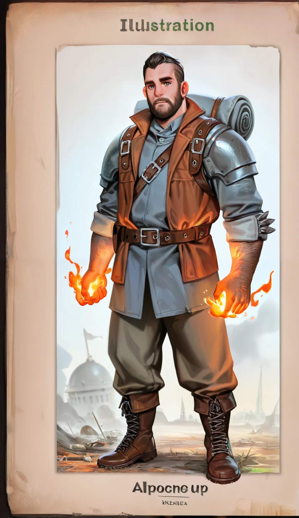 A portrait of a handsome of sks person, post apocalyptic winged firemancer, intricate, elegant, highly detailed, digital painting, artstation, concept art, smooth, sharp focus, illustration, art by Krenz Cushart and Artem Demura and alphonse mucha, ((fire in hands)), full body
