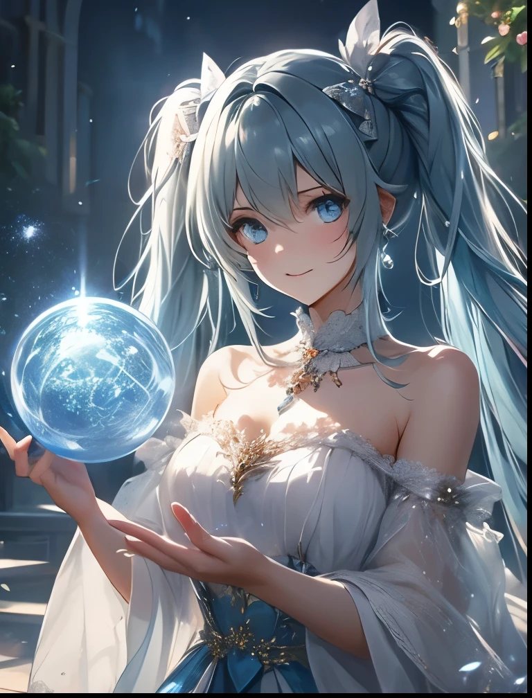(((SFW、Precision、Highest quality、A first-class masterpiece、Normal body、8k、 Detailed Face 、Ultra-precision、 Normal hand、5refer to、Highest)))、" Spirit Fantasy"、Celia Claire、Celia Claire、 Silver Hair、 twin tails、 short、 slender、Big Breasts、 、A gentle smile、 gets down on one knee、 hand over the earth、Form a magic circle