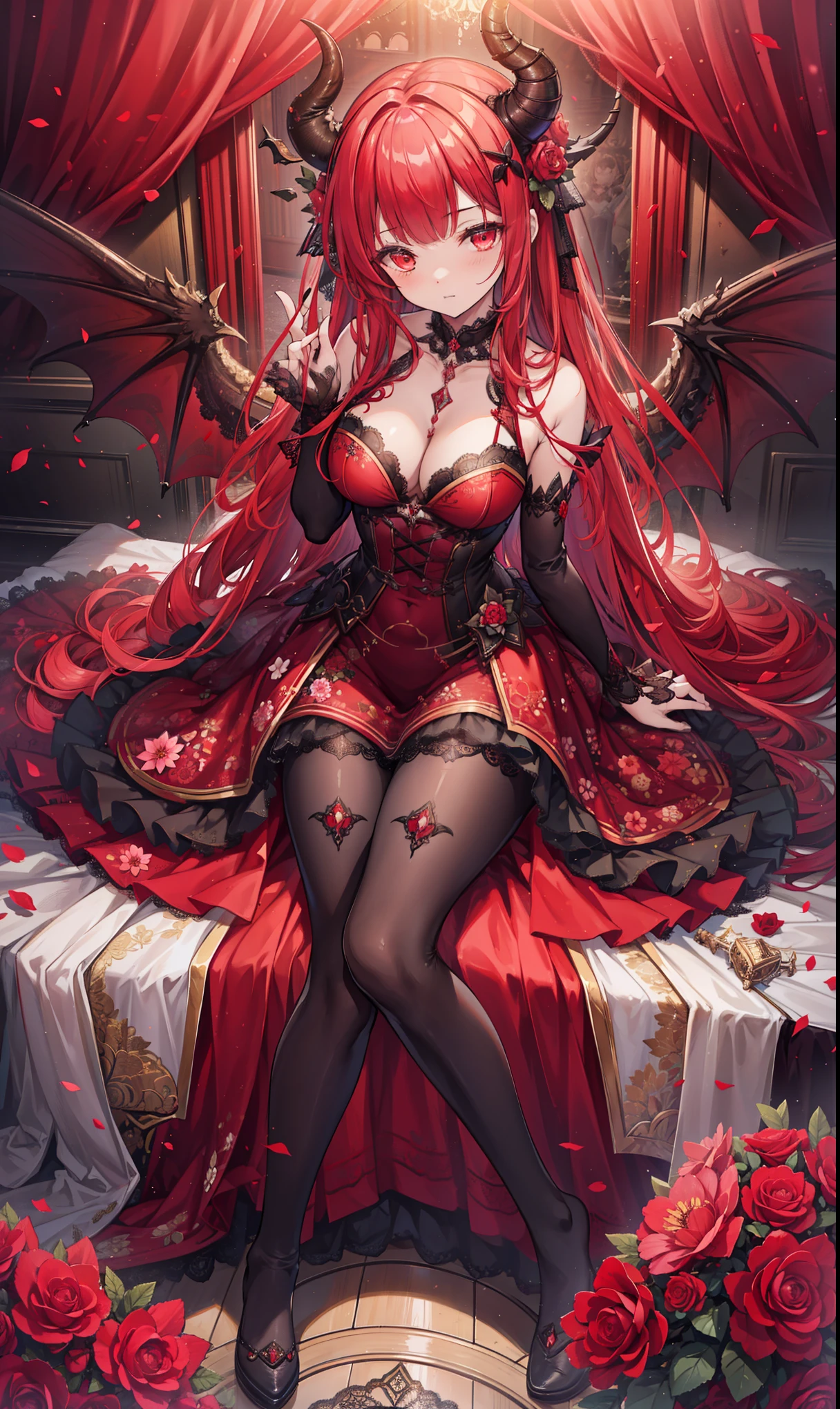 (Extremely detailed CG unity),Detailed clothes, Masterpiece, An extremely delicate and beautiful, full body shot of, 1girll, Sitting position, messy hair, Beautiful detailed eyes,red color eyes, lacepantyhose,florals,The horns of the succubus