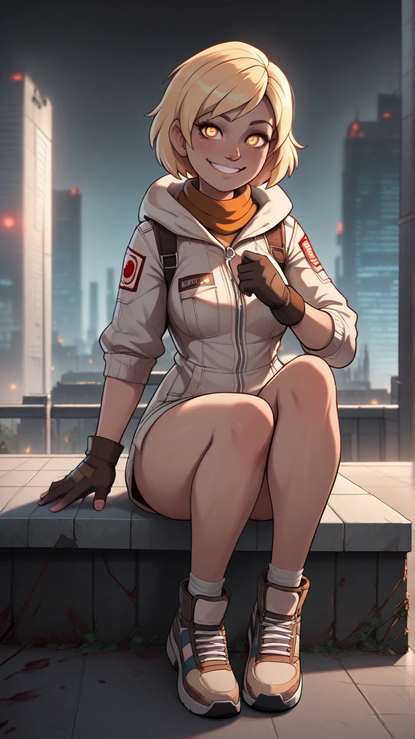 score_9, score_8, 1girl, heather mason from silent hill, cute, smile, unreal engine, masterpiece, high quality, on the rooftop, background skyline, full body view