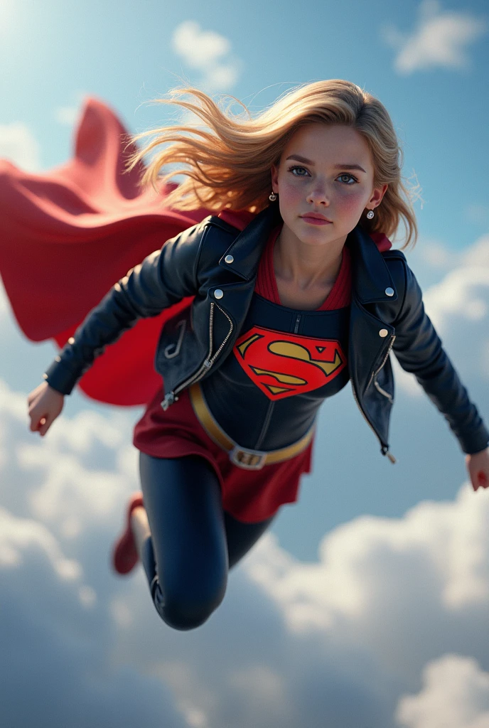 girl, Age 10 years, в костюме super girl, suit to the neck, chest closed, stands full-face against the backdrop of the city, a red cloak flutters behind his back
