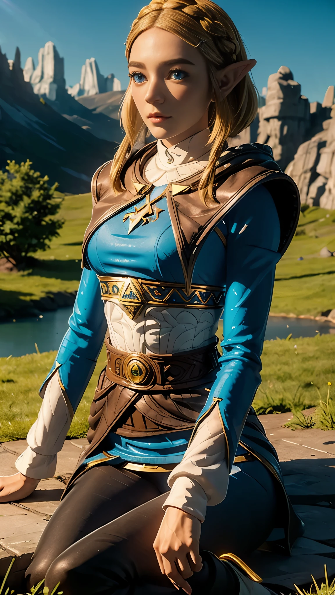 Landscape of a very beautiful woman, (((front focus))), low angle, (((background Blurry))), ((wide angle photo))!!, full body shot, Bokeh, lens flare, photography with Fujifilm XT3, depth of field, film grain, female focus, BREAK, Queen Zelda/(Tears of The Kingdom/), anime style, (((sit down and lying on a single tree)))!!!, (((above the mountain_surrealism fantasy))), the sky is very blue with cloud, (((looks at the audience with beautiful light blue eyes)))!!!, Ultra detailed eyes, ((((Beautiful light blue eye's like sapphire :1.40))))!!!!, Stars in her fixed eyes, (homochromatic eyes)!!!, pointy ears, wry smile, long sleevemouth, (((thin fresh peach lips)))!!!, (Blush)!!, Perfect nose, Cute little nose, Earrings, beatiful face, Face Clean, realistic Skin, hyper realistic, Perfect yellow eyebrow, (ultra shine yellow hair)!!, (low cut bob straight yellow hairstyle)!!, (((crown braiding hair)))!!!, ((hair clip in front of forehead two side))!!, ((clear forehead from hair))!, ((dynamic composition)), BREAK, detached sleeves, medium breasts, (medium breast covered with blue silk), /(((wear original costume of zelda/)))!!!, (((blue long sleeves clothe_White Collar)))!!!, (fingerless gloves)!, slim legs, (((tight long black trouser pants)))!!!, (((big brown leather belt on the waist)))!!!, (dark brown short cape)!, ((black trouser))!!, ((black cape))!!, vivid color clothes, detailed realistic clothes, BREAK, Best Quality, Masterpiece, Ultra-detailed, Beautiful, hight resolution, Original, CG 8K, perfect photo, dramatic lighting, Beautiful lighting, (Realistic fantasy art), Realistic, Full HD, Best Quality, award winning, (8k wallpaper of extremely detailed CG unit), High Details, sharp-focus, The art of dramatic and photorealistic painting, ((above the mountain_surealism fantasy)), dynamic composition, breathtaking rendering, strong color, deep shadow