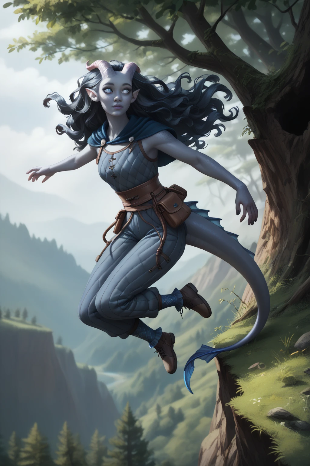 ( A cedar tree is growing next to the forest on a cliff ), ((1Тiefling ,  dark blue-gray skin :1.5), ( very thick long tiefling dragon tail :1.5), ( long black flowing hair with dark blue tips:1.4), ( bright blue-grey pupils,  Black eyes :1.4), ( the bright blue-black pigmentation on the face :1.5), (blue-black freckles :1.2) , (small fins on the head:1.4), ( blue-black pigmentation on the skin :1.5), ( dark grey straight short horns ), ( blue and black pigmentation on the tail :1.5), ( Adult girl:1.2) , (kind face), (medieval pants with fur on the ankles:1.4),  [curiosity ], (35 years old:1.5), (Deep look:1.3), ( jumping from a high cliff  :1.5), (chainmail, fabric armor and a white canvas shirt on the body and a short cloak:1.1), (you can see pigmentation on his shoulder ), (tail protection), (cloth-wrapped legs or medieval shoes:1.3)), ( top quality ), ( masterpiece fails), ( highest detail),  fantasy background, blue tones, Dark tones, dark shades,  muted colors, ( against the background of a dark, scary thorny forest).