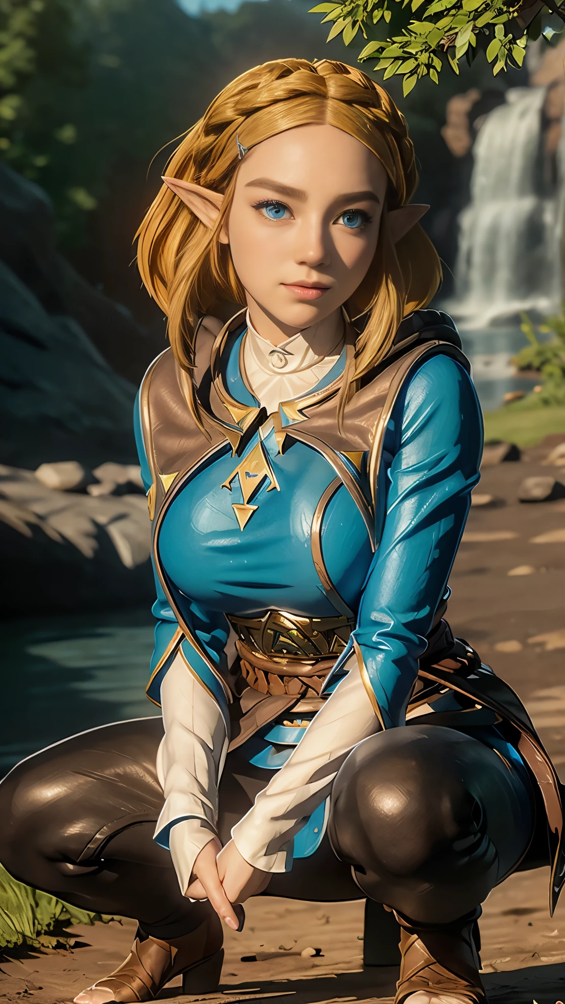 Landscape of a very beautiful woman, (((front focus))), low angle, (((background Blurry))), ((wide angle photo))!!, full body shot, Bokeh, lens flare, photography with Fujifilm XT3, depth of field, film grain, female focus, BREAK, Queen Zelda/(Tears of The Kingdom/), anime style, (((squatting on front of a single tree)))!!!, (((above the mountain_surrealism fantasy))), the sky is very blue with cloud, (((looks at the audience with beautiful light blue eyes)))!!!, Ultra detailed eyes, ((((Beautiful light blue eye's like sapphire :1.40))))!!!!, Stars in her fixed eyes, (homochromatic eyes)!!!, pointy ears, wry smile, long sleevemouth, (((thin fresh peach lips)))!!!, (Blush)!!, Perfect nose, Cute little nose, Earrings, beatiful face, Face Clean, realistic Skin, hyper realistic, Perfect yellow eyebrow, (ultra shine yellow hair)!!, (low cut bob straight yellow hairstyle)!!, (((crown braiding hair)))!!!, ((hair clip in front of forehead two side))!!, ((clear forehead from hair))!, ((dynamic composition)), BREAK, detached sleeves, medium breasts, (medium breast covered with blue silk), /(((wear original costume of zelda/)))!!!, (((blue long sleeves clothe_White Collar)))!!!, (fingerless gloves)!, slim legs, (((tight long black trouser pants)))!!!, (((big brown leather belt on the waist)))!!!, (dark brown short cape)!, ((black trouser))!!, ((black cape))!!, vivid color clothes, detailed realistic clothes, BREAK, Best Quality, Masterpiece, Ultra-detailed, Beautiful, hight resolution, Original, CG 8K, perfect photo, dramatic lighting, Beautiful lighting, (Realistic fantasy art), Realistic, Full HD, Best Quality, award winning, (8k wallpaper of extremely detailed CG unit), High Details, sharp-focus, The art of dramatic and photorealistic painting, ((above the mountain_surealism fantasy)), dynamic composition, breathtaking rendering, strong color, deep shadow