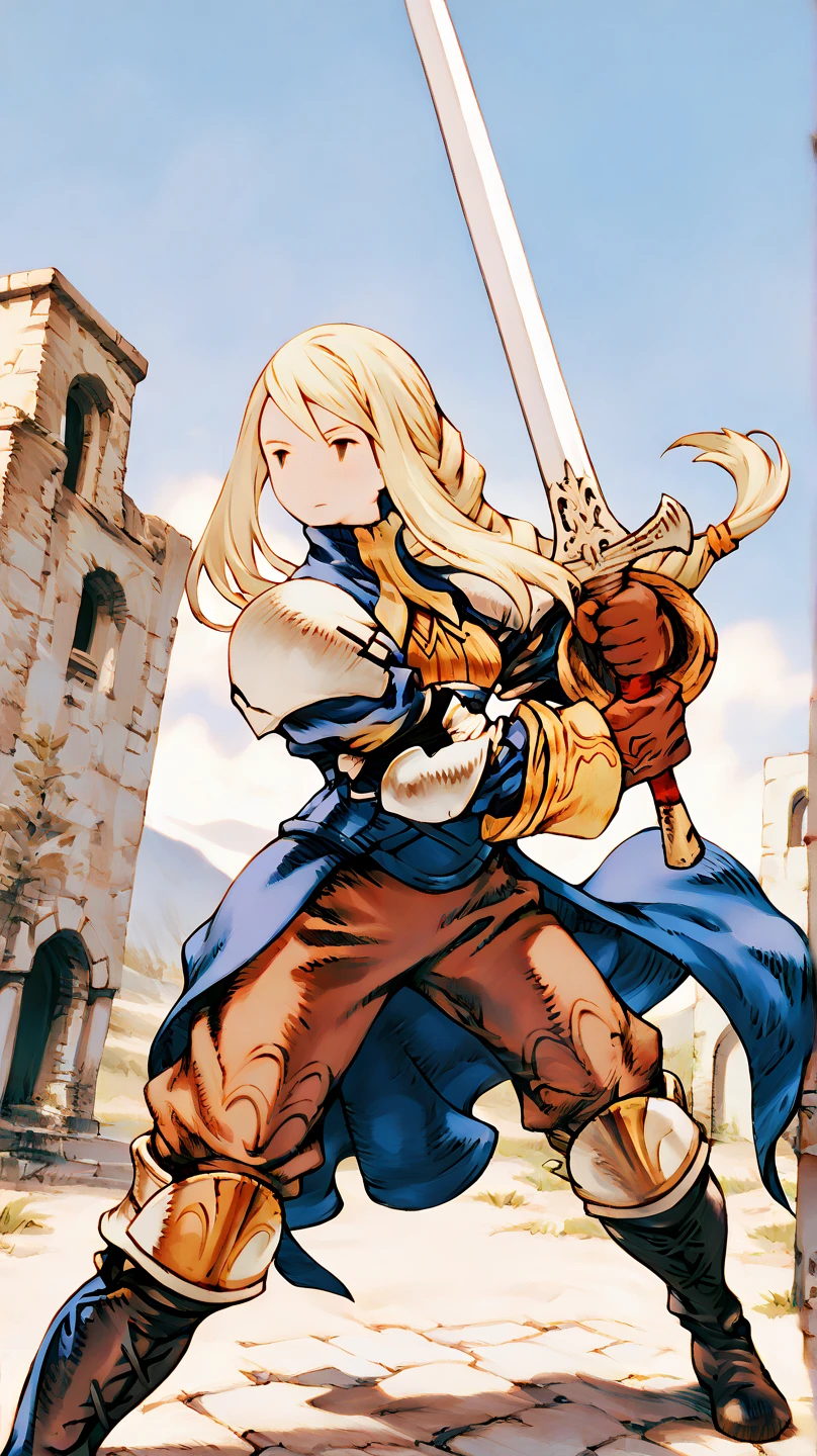 Art by Akihiko Yoshida,, BREAK ,solo,1girl\(Agrias Oaks\(Final Fantasy Tactics\), blonde hair, braided ponytail,brown eyes,shoulder armor, armor, corset,(brown pants:1.3), knee pads, blue dress, brown gloves, pants, cross-laced boots,big breast,dynamic pose,fighting stance,dynamic angle,(holding 1long sword\(devine,european style sword\):1.4)\), BREAK ,background\(battlefield of europe,soldiers in war\),long shot,dynamic angle,very aesthetic, high definition, amazing quality, masterpiece, best quality, very aesthetic, highres, absurdres